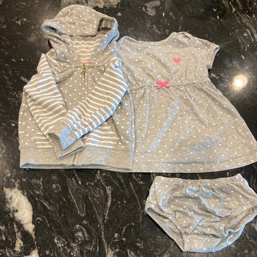 Baby girls gray and white polka dot dress with bloomers and sweater size 12-18m